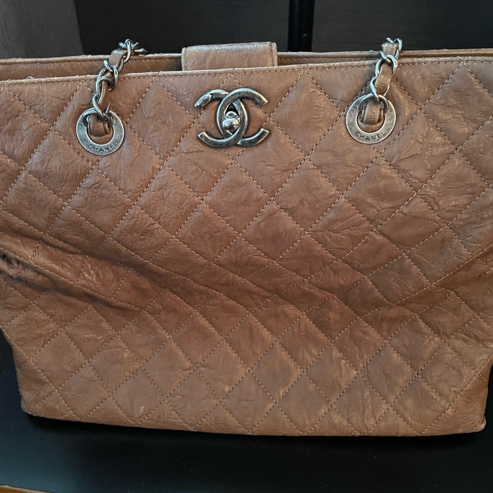 Authentic brown Chanel quilted classic shopper tote